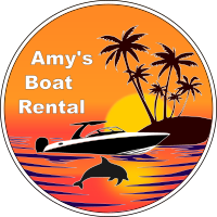 Logo with rental boat, sunset, dolphin and beach - Amy's Boat Rental Cape Coral Florida