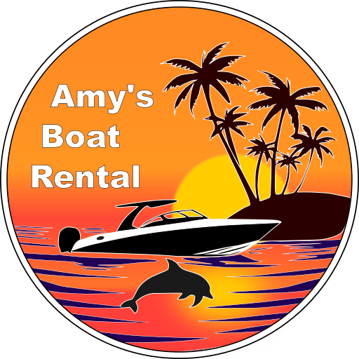 Logo with rental boat, sunset, dolphin and beach - Amy's Boat Rental Cape Coral Florida
